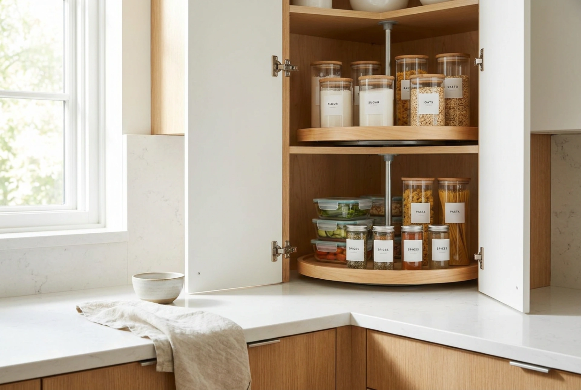 කුස්සියේ මුළු කැබිනට්ටුව ආහාර ද්‍රව්‍ය සහ උපකරණ ගබඩා කිරීමට භාවිත කරන්නේ කෙසේද