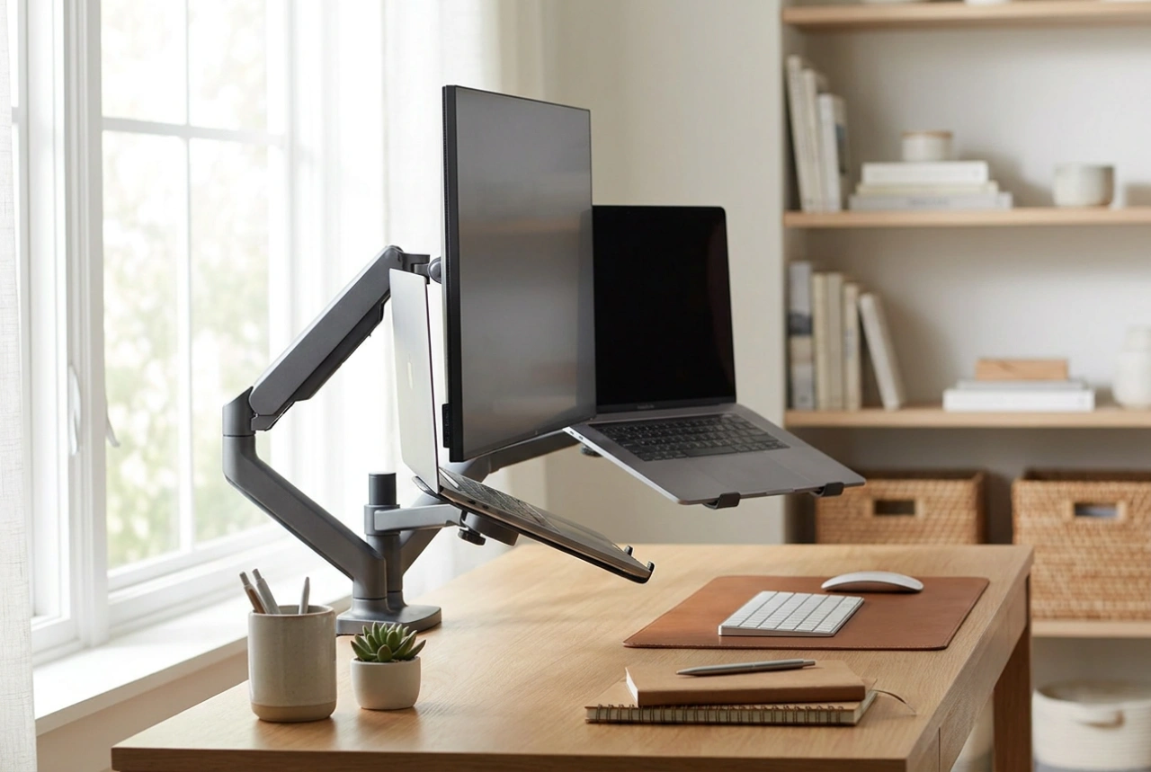 Učinkovita nastavitev nosilca za monitor in prenosnik za boljšo ergonomijo