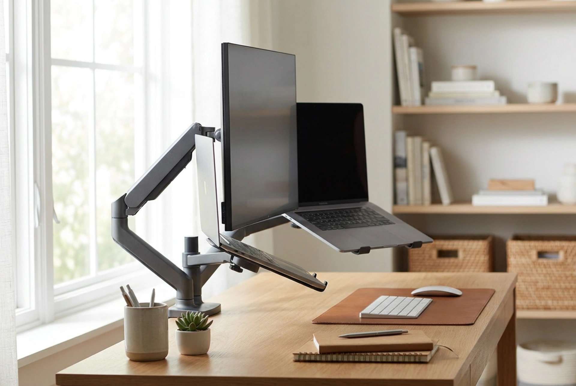 Učinkovita nastavitev nosilca za monitor in prenosnik za boljšo ergonomijo