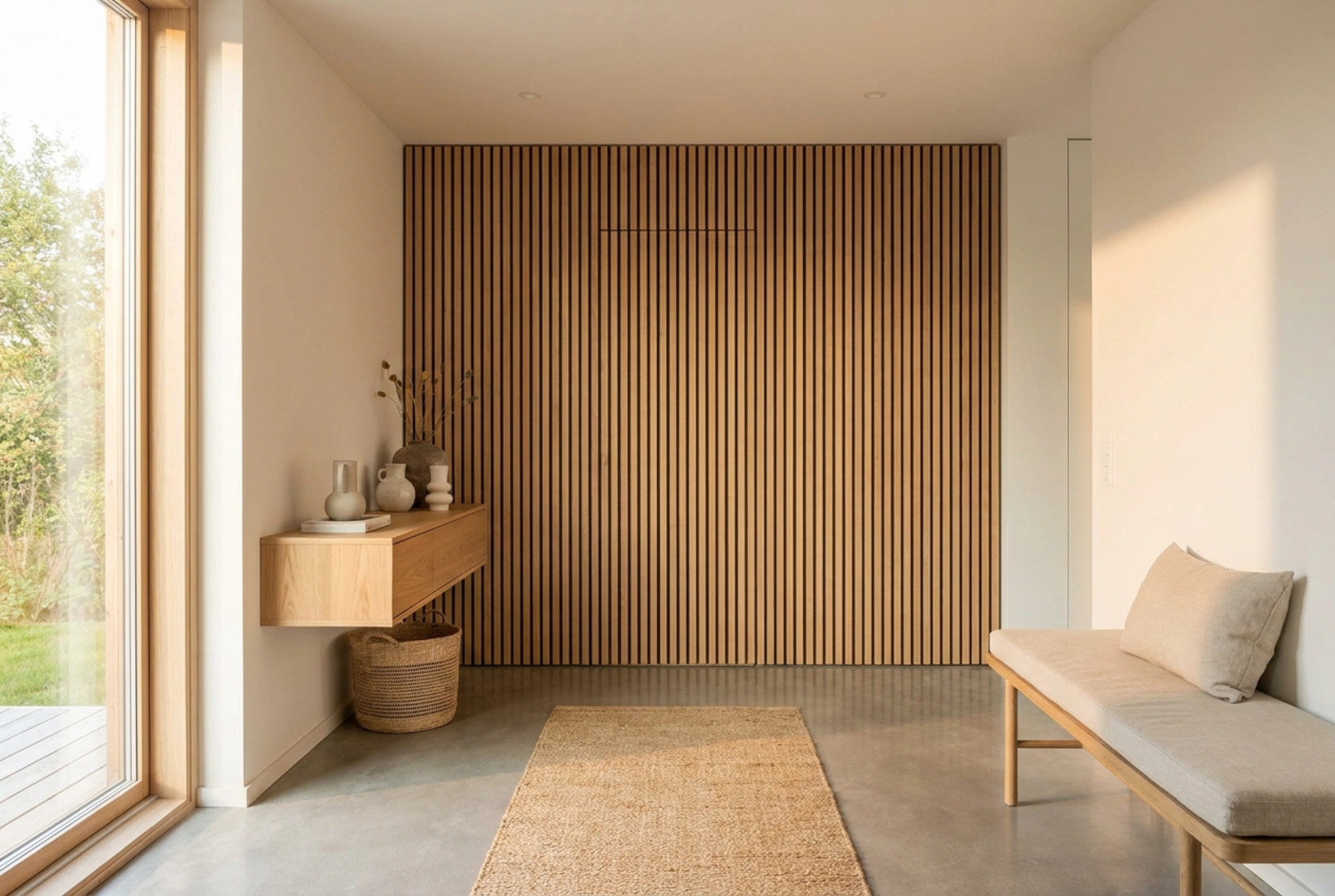 Predsobna garderobna omara z lamelami in red, skrit za ritmom stene